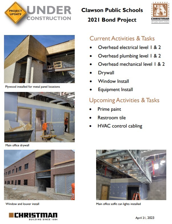 Project Update Under Construction; Clawson Public Schools 2021 Bond Project; Current Activities & Tasks: Overhead electrical level 1 & 2, Overhead plumbing level 1 & 2, Overhead mechanical level 1 & 2, Drywall, Window Install, Equipment Install; Upcoming Activities & Tasks: Prime paint, Restroom tile, HVAC control cabling