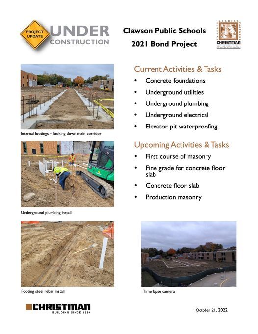 Clawson Public Schools 2021 Bond Project; Current Activities & Tasks, Upcoming Activities & Tasks