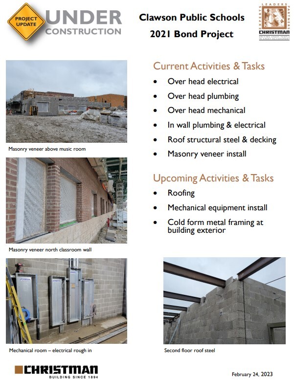 Clawson Public Schools 2021 Bond Project; Current Activities & Tasks: Over head electrical, over head plumbing, over head mechanical, in wall plumbing & electrical, roof structural steel & decking, masonry veneer install; Upcoming Activities & Tasks: Roofing, Mechanical equipment install, cold form metal framing at building exterior