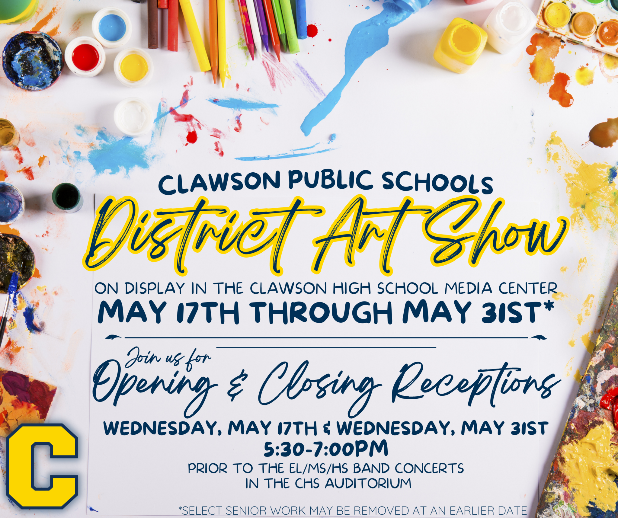 Clawson Public Schools District Art Show on Display in the Clawson High School Media Center on May 17th through May 31st.